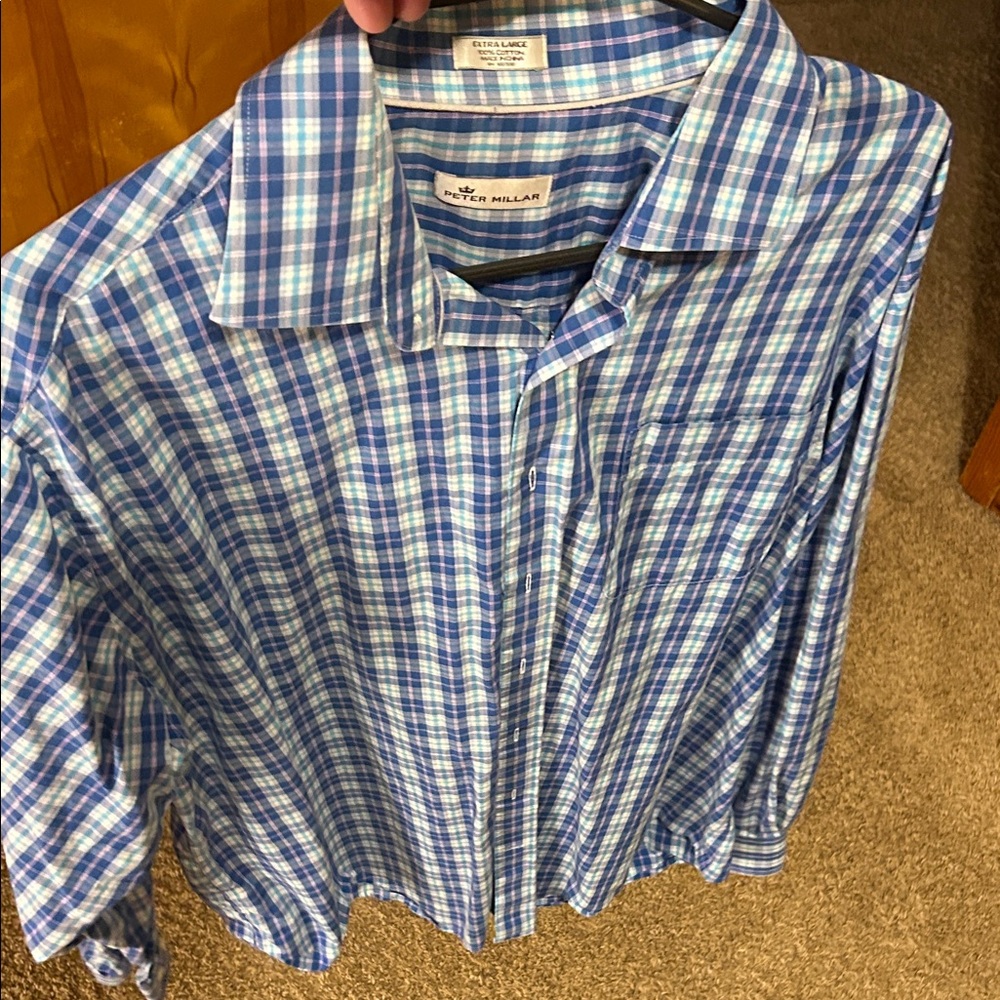 Peter Millar Blue and White Plaid Shirt